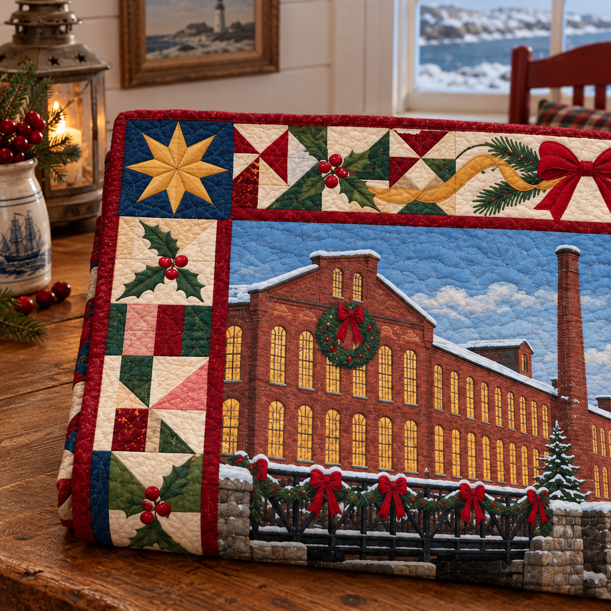 Lowell Loom and Water Christmas Homecoming TD271026104 Quilt Blanket — folded mockup