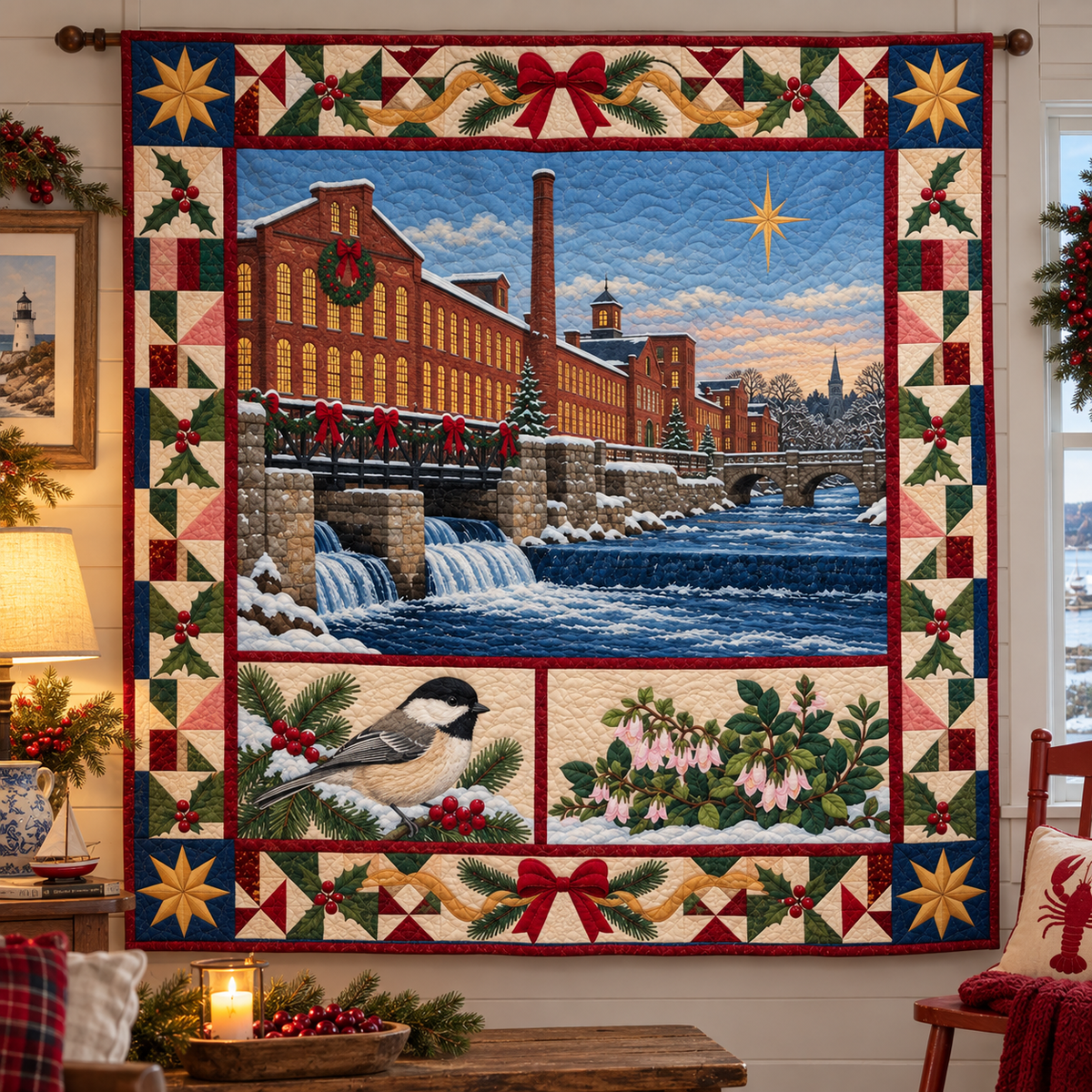 Lowell Loom and Water Christmas Homecoming TD271026104 Quilt Blanket — hanging mockup