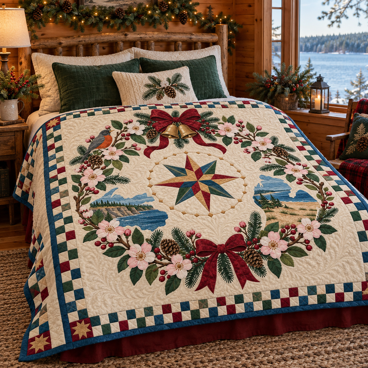 Sweet crabapple blossom Christmas Wreath TD271026107 Quilt Blanket — bed mockup
