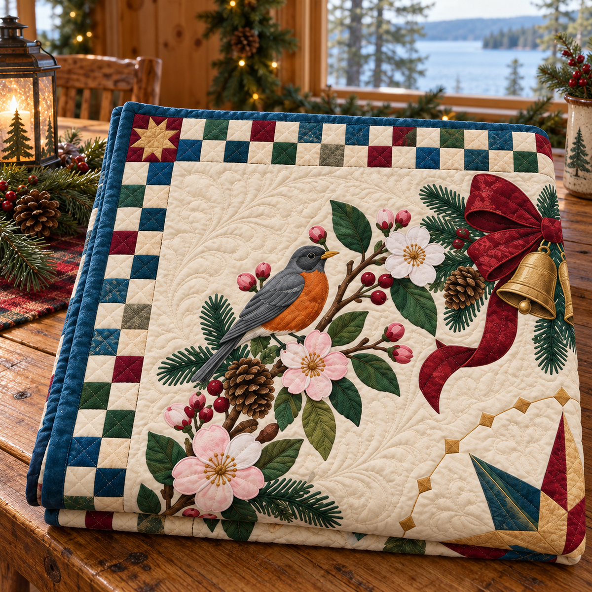 Sweet crabapple blossom Christmas Wreath TD271026107 Quilt Blanket — folded mockup