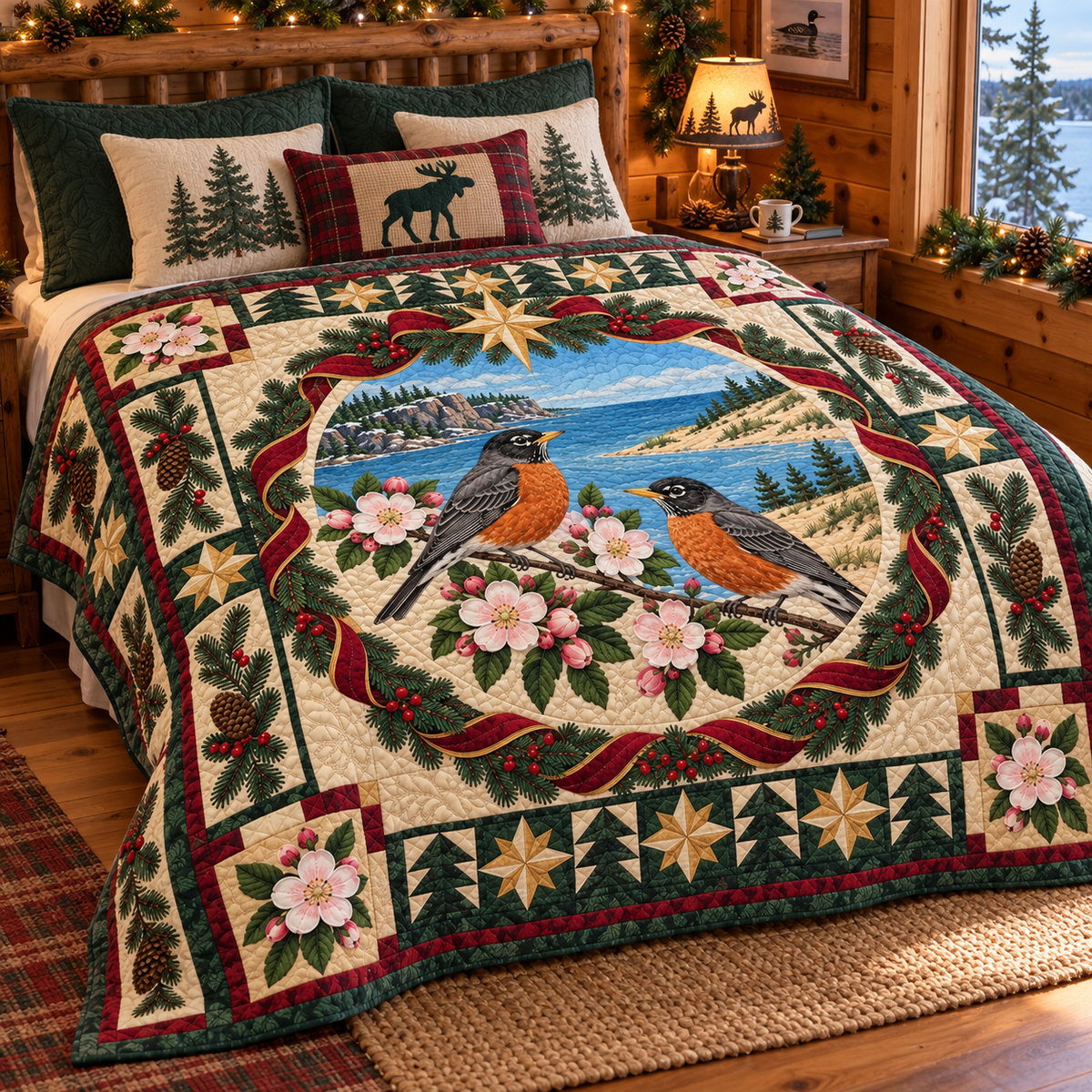 Robin in the Blossom Orchard Christmas Star TD271026108 Quilt Blanket — bed mockup
