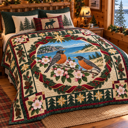Robin in the Blossom Orchard Christmas Star TD271026108 Quilt Blanket — bed mockup