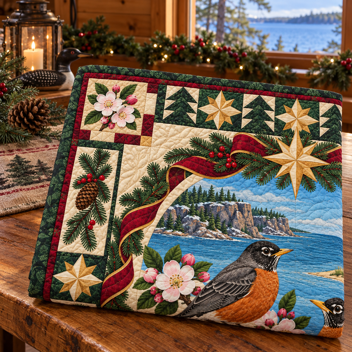 Robin in the Blossom Orchard Christmas Star TD271026108 Quilt Blanket — folded mockup