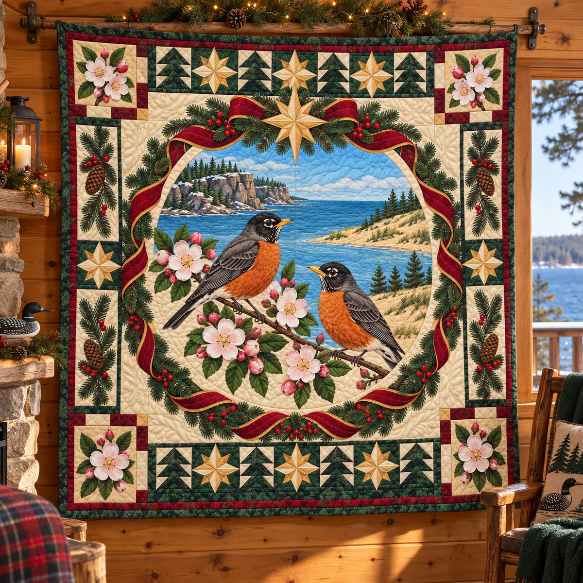 Robin in the Blossom Orchard Christmas Star TD271026108 Quilt Blanket — hanging mockup