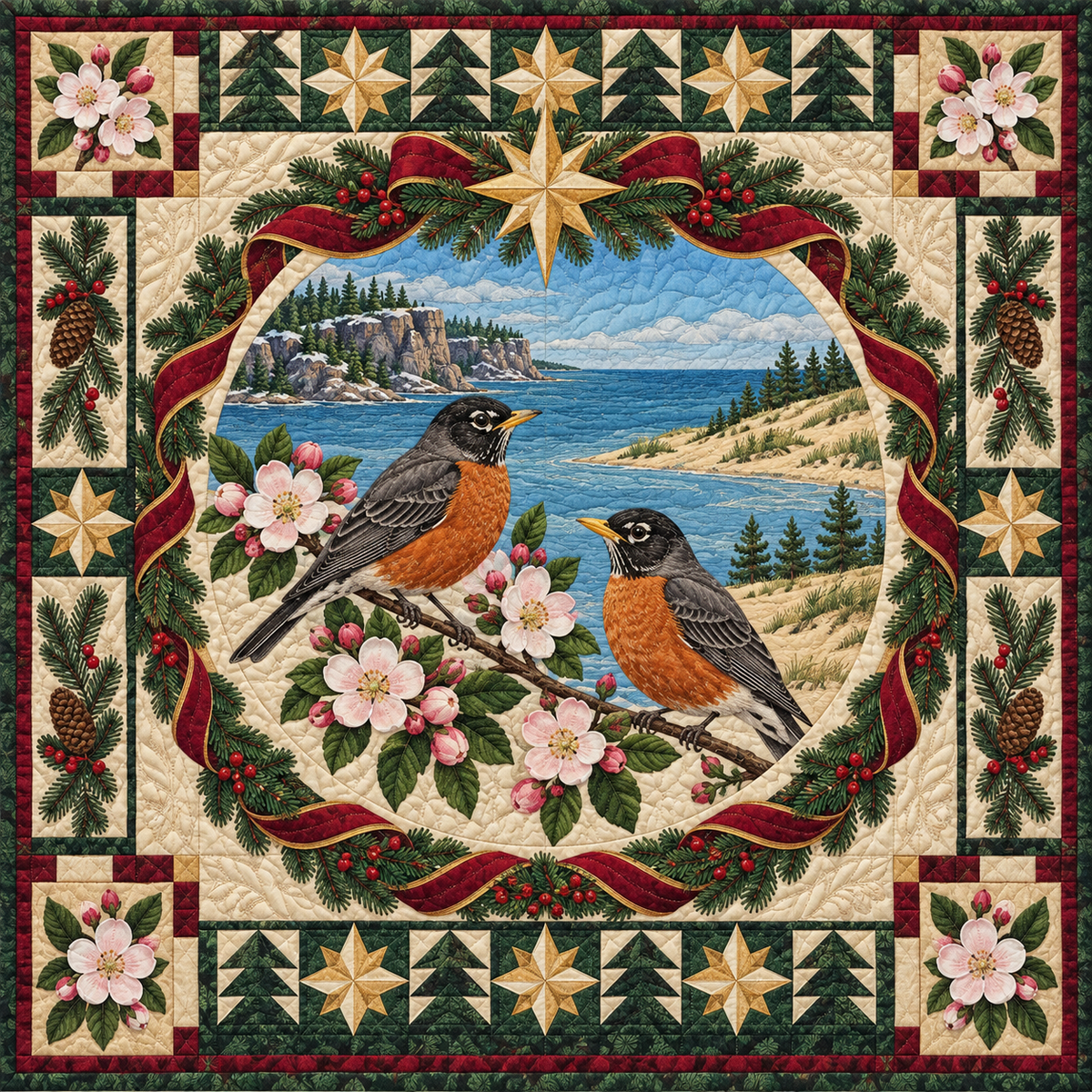 Robin in the Blossom Orchard Christmas Star TD271026108 Quilt Blanket — original design