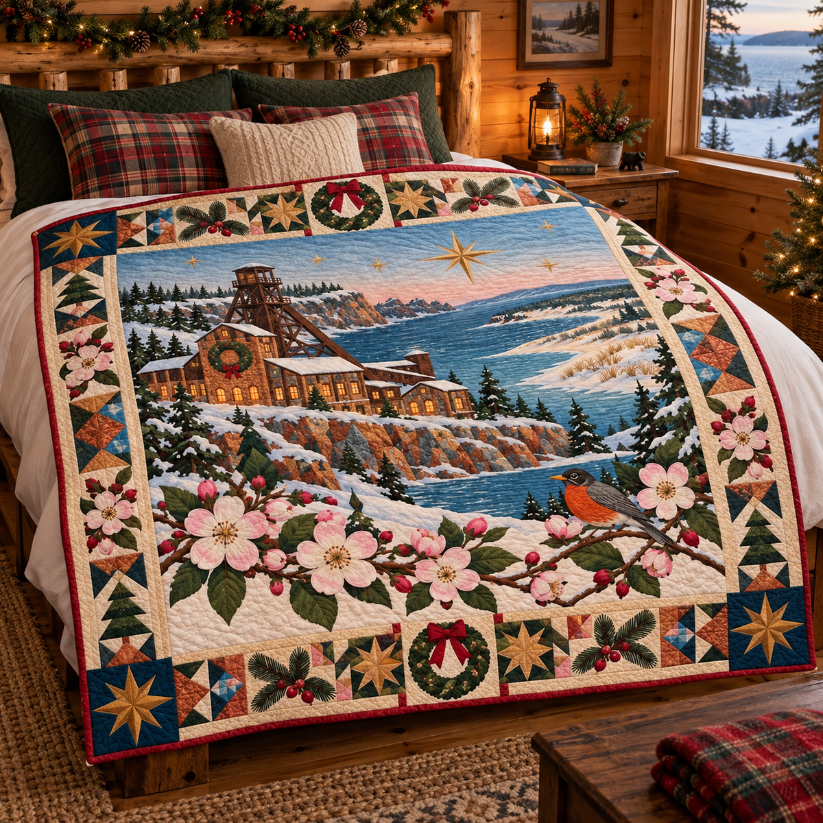 Copper Country Windows Christmas Homecoming TD271026109 Quilt Blanket — bed mockup