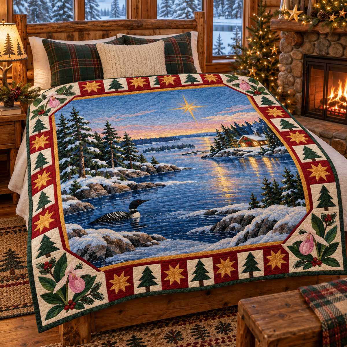 Lady's-Slipper Lakes Christmas Eve TD271026111 Quilt Blanket — bed mockup