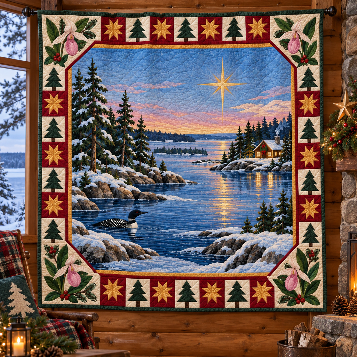 Lady's-Slipper Lakes Christmas Eve TD271026111 Quilt Blanket — hanging mockup