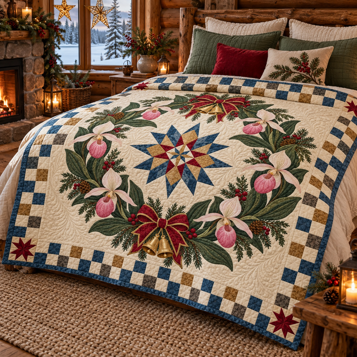 Slipper Orchid Halo Christmas Wreath TD271026112 Quilt Blanket — bed mockup