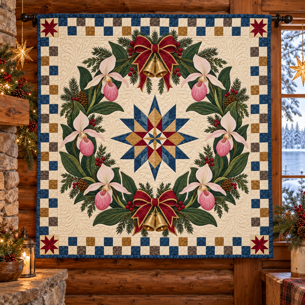 Slipper Orchid Halo Christmas Wreath TD271026112 Quilt Blanket — hanging mockup