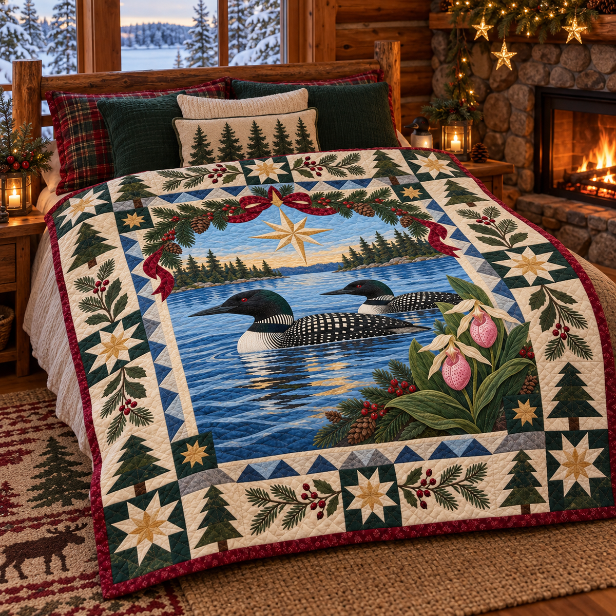 Loon on Northern Water Christmas Star TD271026113 Quilt Blanket — bed mockup