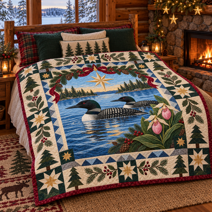 Loon on Northern Water Christmas Star TD271026113 Quilt Blanket — bed mockup