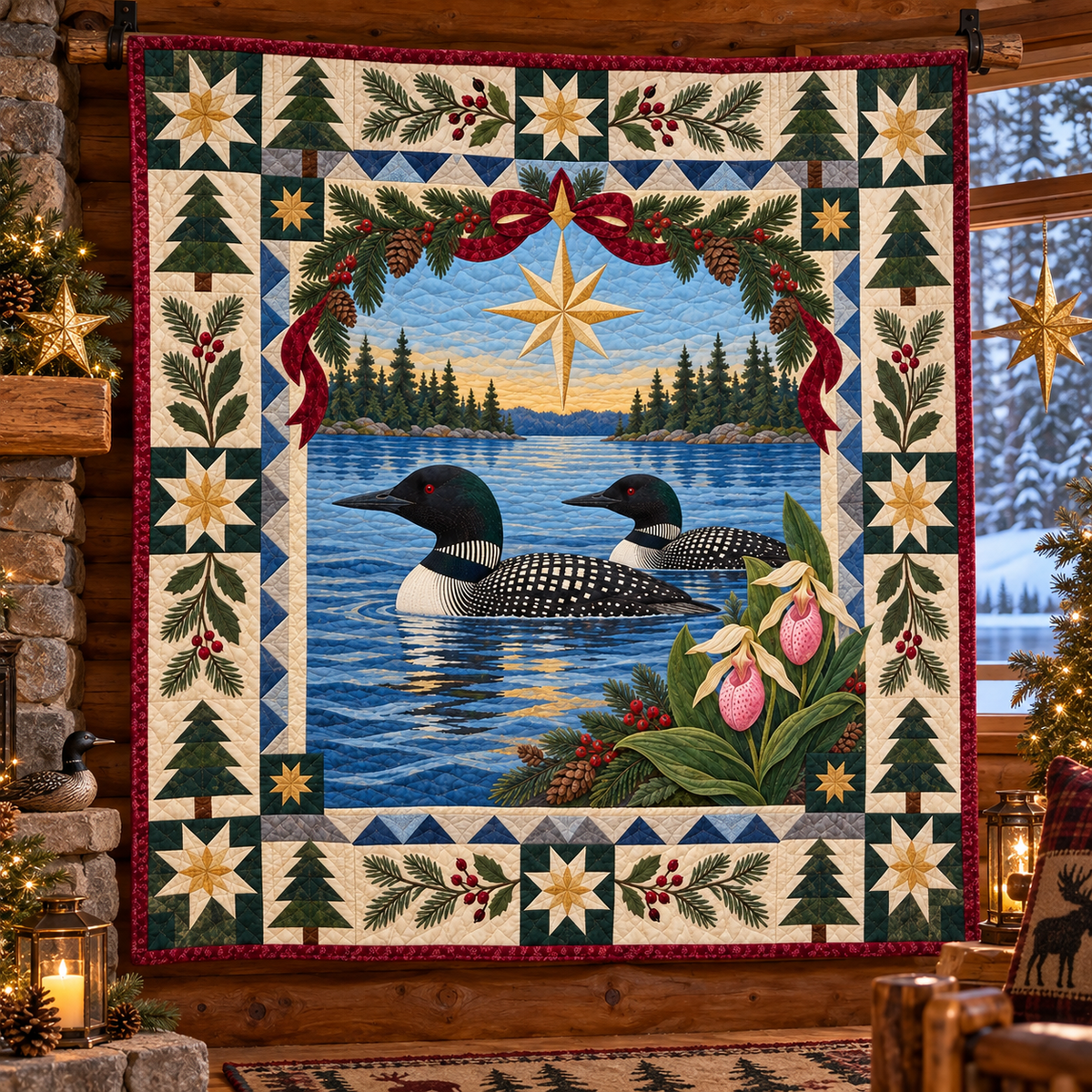 Loon on Northern Water Christmas Star TD271026113 Quilt Blanket — hanging mockup