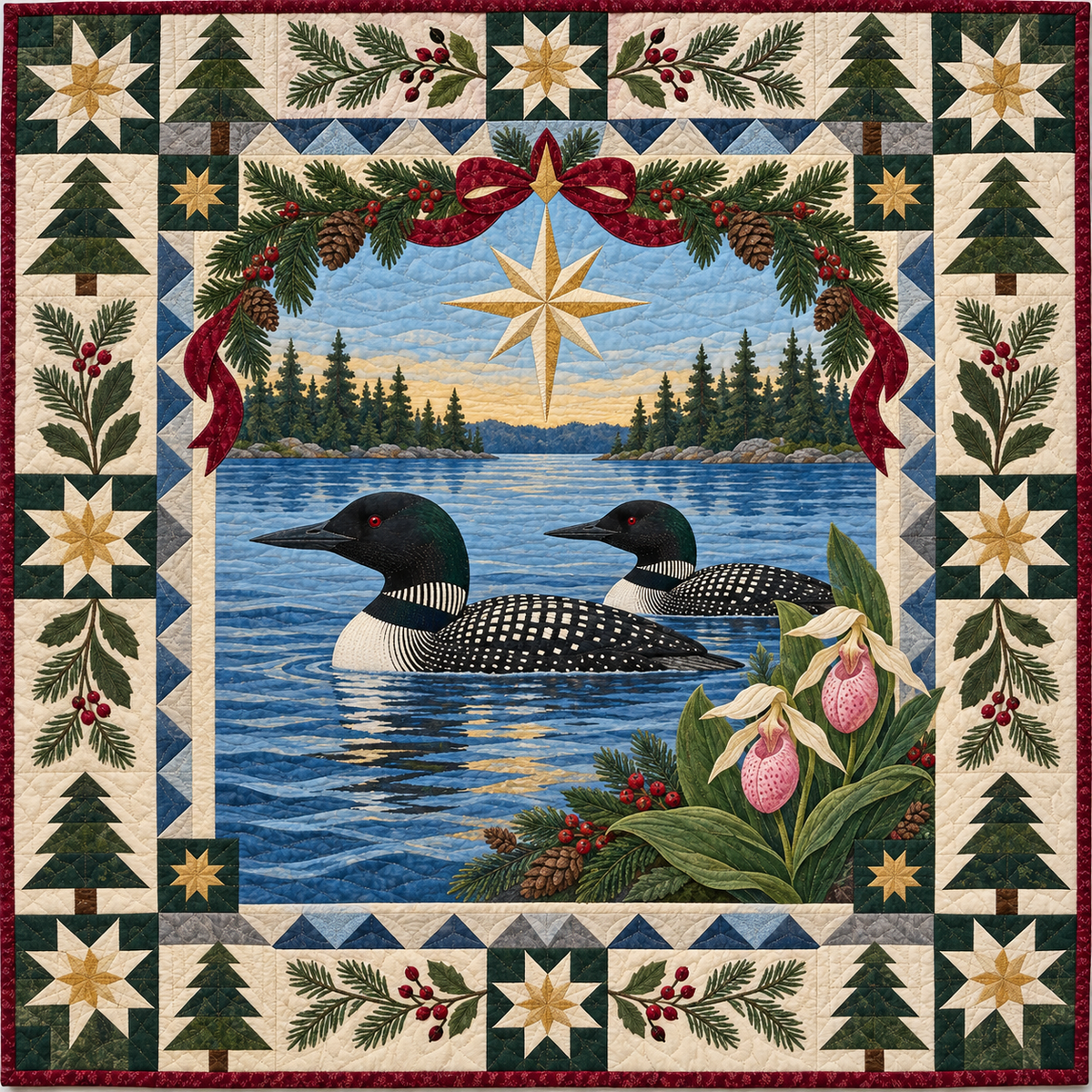 Loon on Northern Water Christmas Star TD271026113 Quilt Blanket — original design
