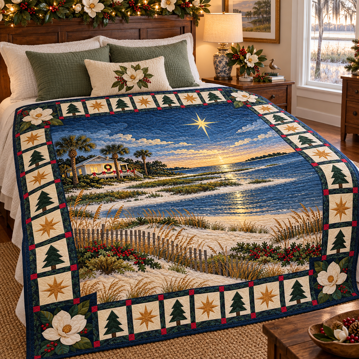 Magnolia River Light Christmas Eve TD271026116 Quilt Blanket — bed mockup