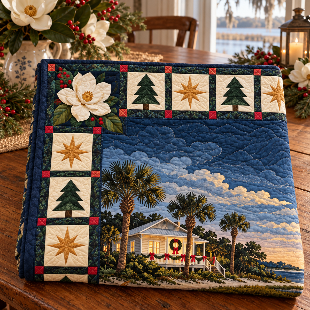 Magnolia River Light Christmas Eve TD271026116 Quilt Blanket — folded mockup