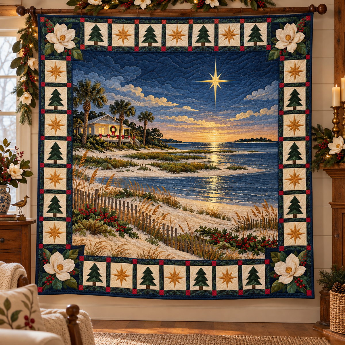 Magnolia River Light Christmas Eve TD271026116 Quilt Blanket — hanging mockup