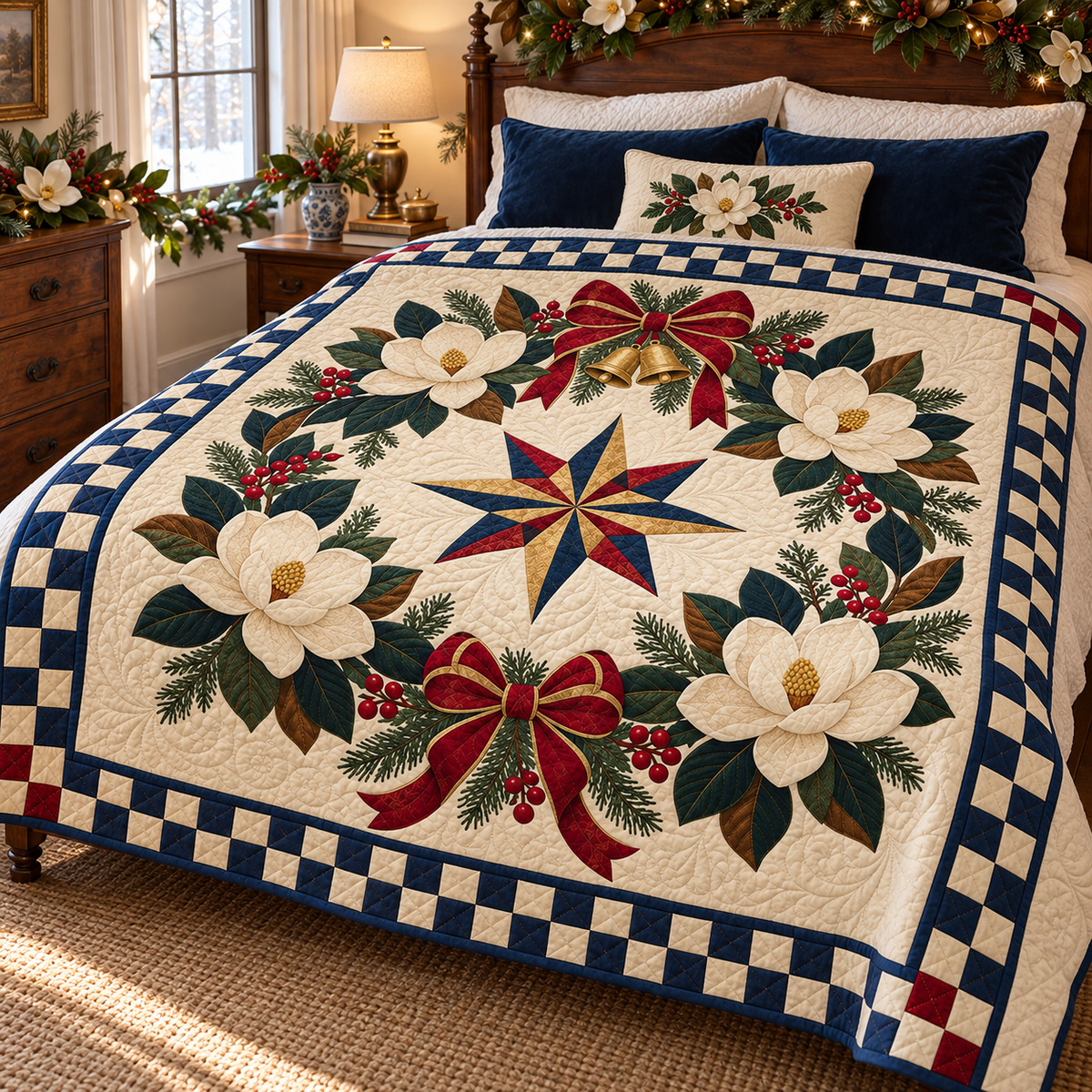 Southern magnolia Christmas Wreath TD271026117 Quilt Blanket — bed mockup