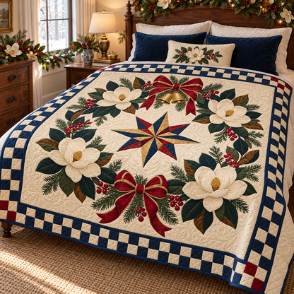 Southern magnolia Christmas Wreath TD271026117 Quilt Blanket — bed mockup