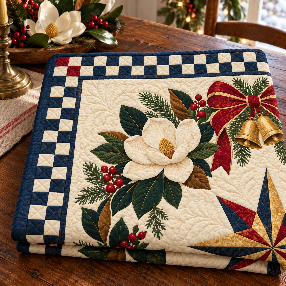 Southern magnolia Christmas Wreath TD271026117 Quilt Blanket — folded mockup