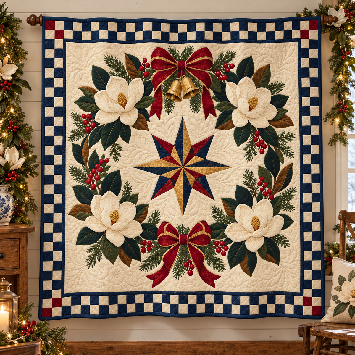 Southern magnolia Christmas Wreath TD271026117 Quilt Blanket — hanging mockup
