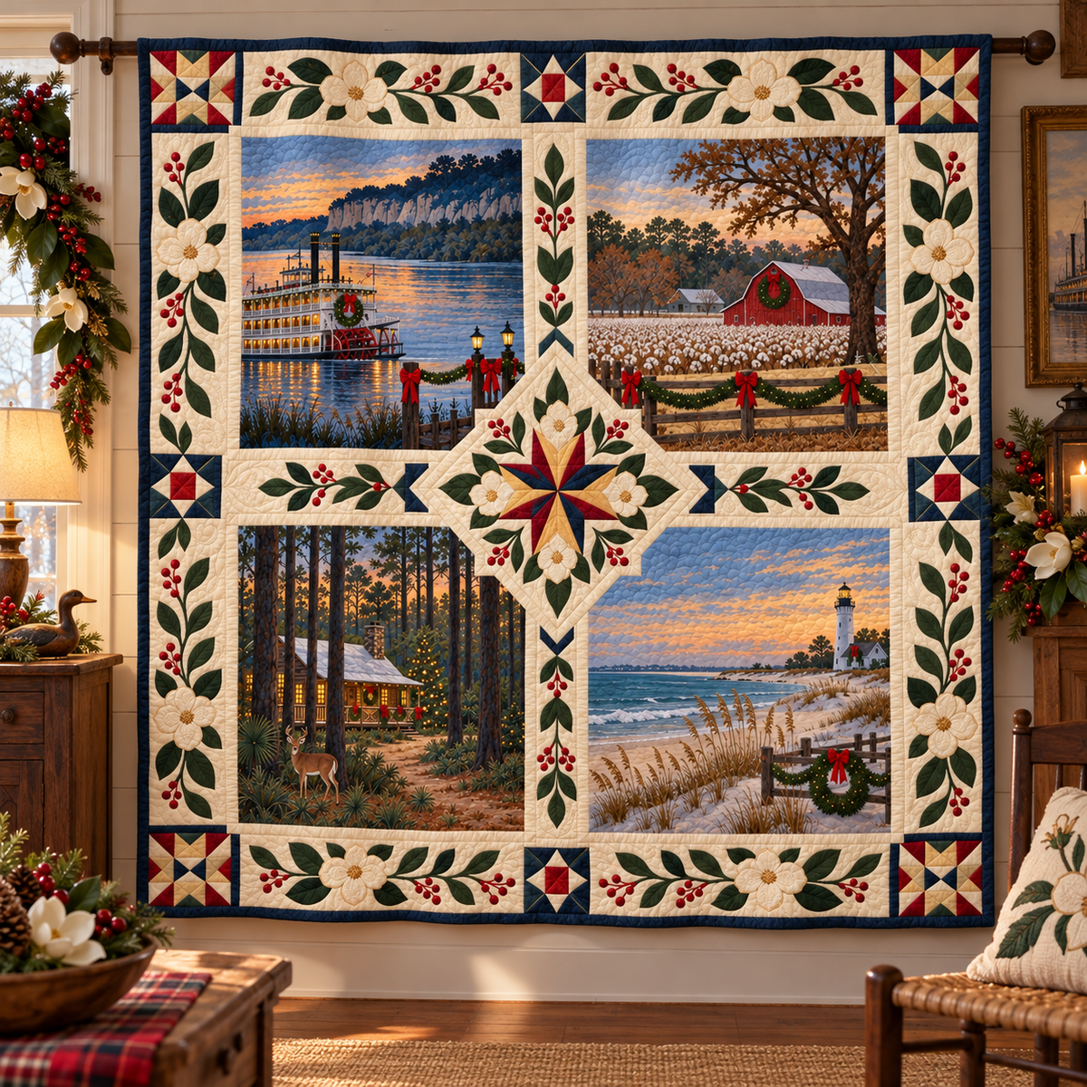 Mississippi Christmas Windows TD271026120 Quilt Blanket — hanging mockup