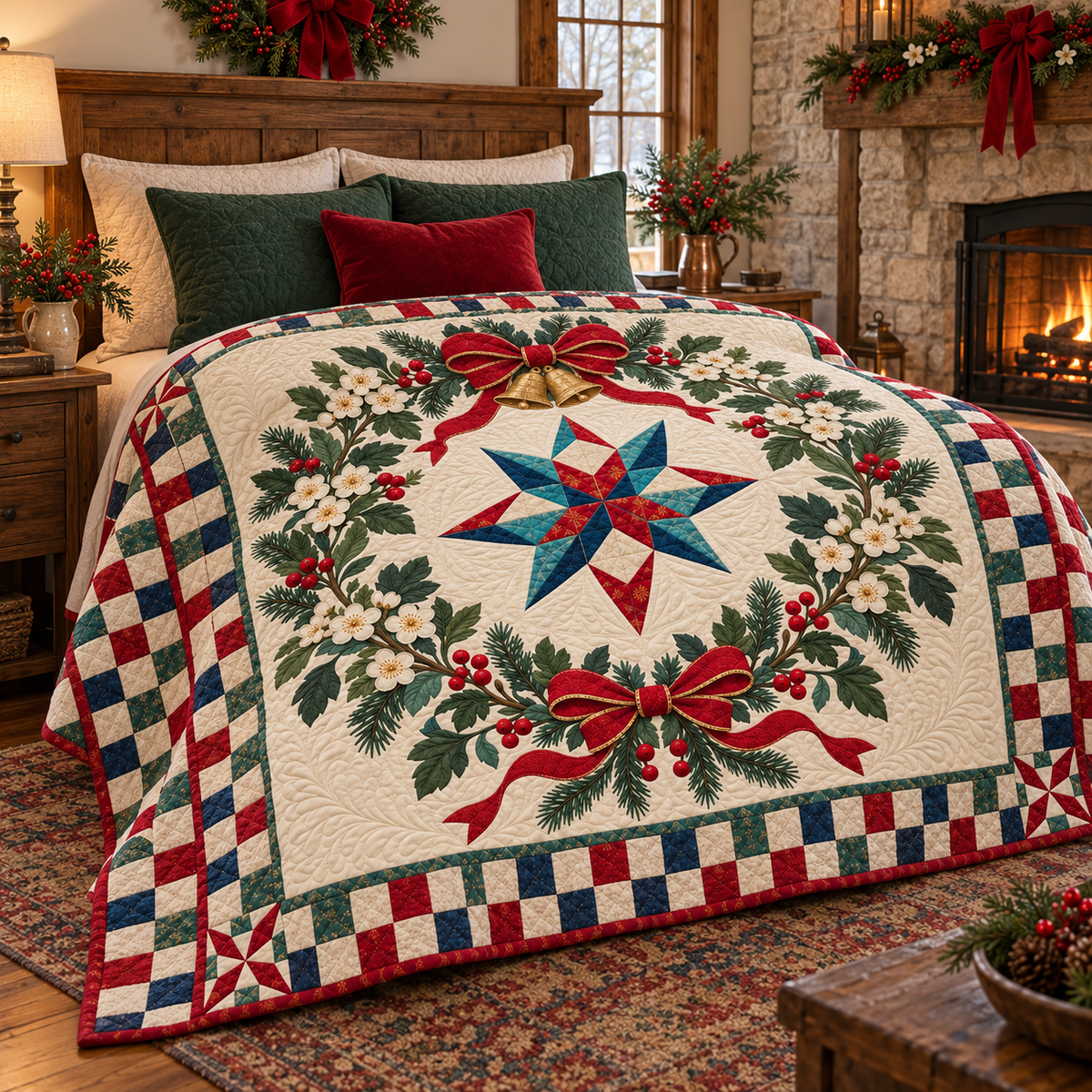 Hawthorn blossom Christmas Wreath TD271026122 Quilt Blanket — bed mockup
