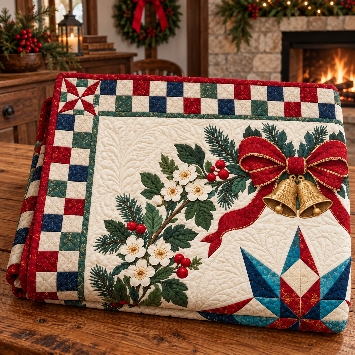 Hawthorn blossom Christmas Wreath TD271026122 Quilt Blanket — folded mockup