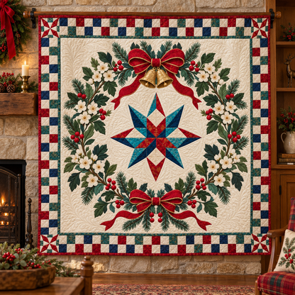 Hawthorn blossom Christmas Wreath TD271026122 Quilt Blanket — hanging mockup
