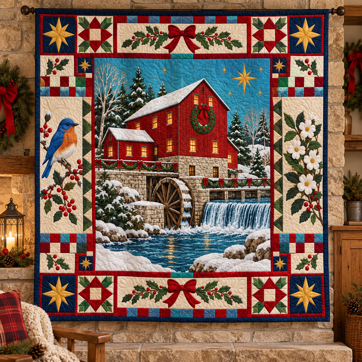Alley Mill Redwork Christmas Homecoming TD271026124 Quilt Blanket — hanging mockup
