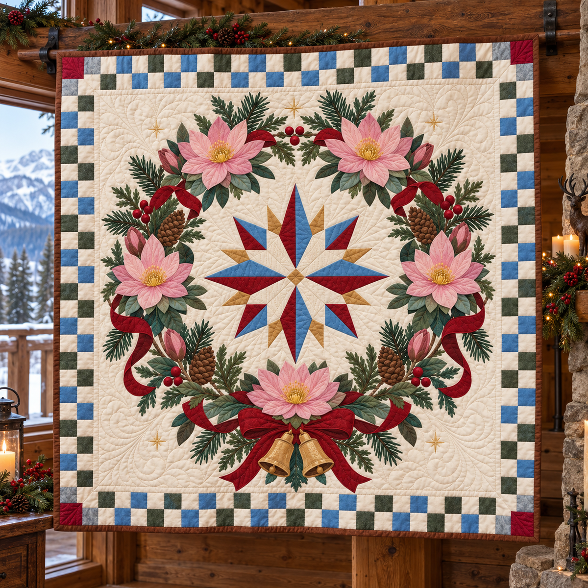 Bitterroot Christmas Wreath TD271026127 Quilt Blanket — hanging mockup