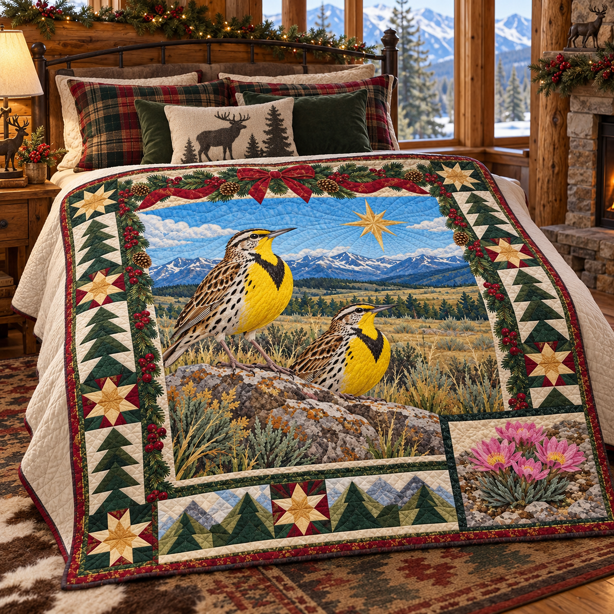 Meadowlark under Big Sky Christmas Star TD271026128 Quilt Blanket — bed mockup