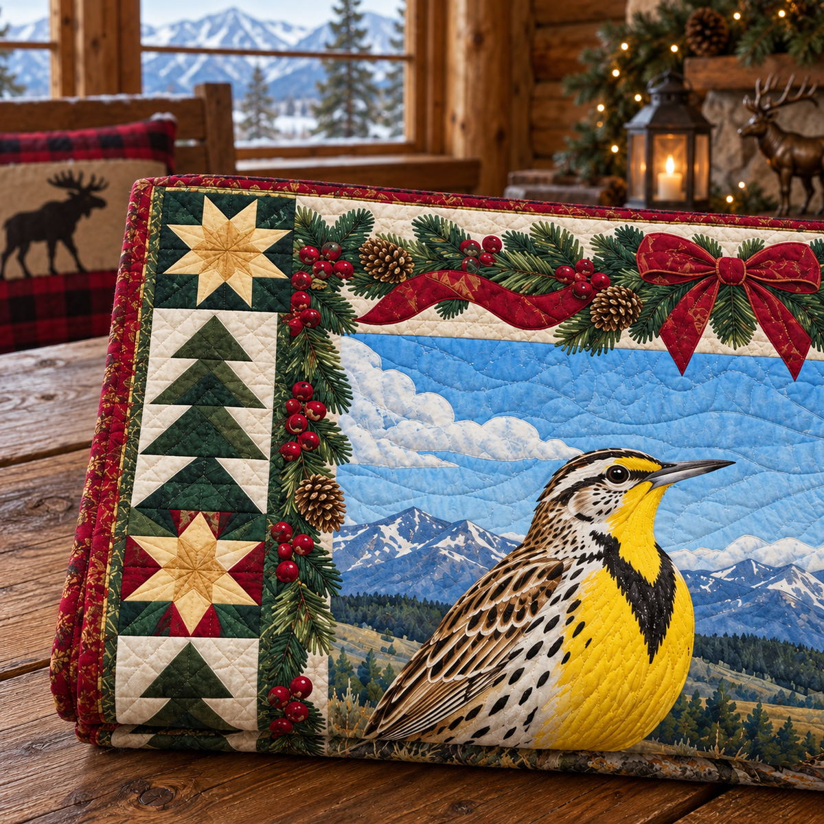 Meadowlark under Big Sky Christmas Star TD271026128 Quilt Blanket — folded mockup