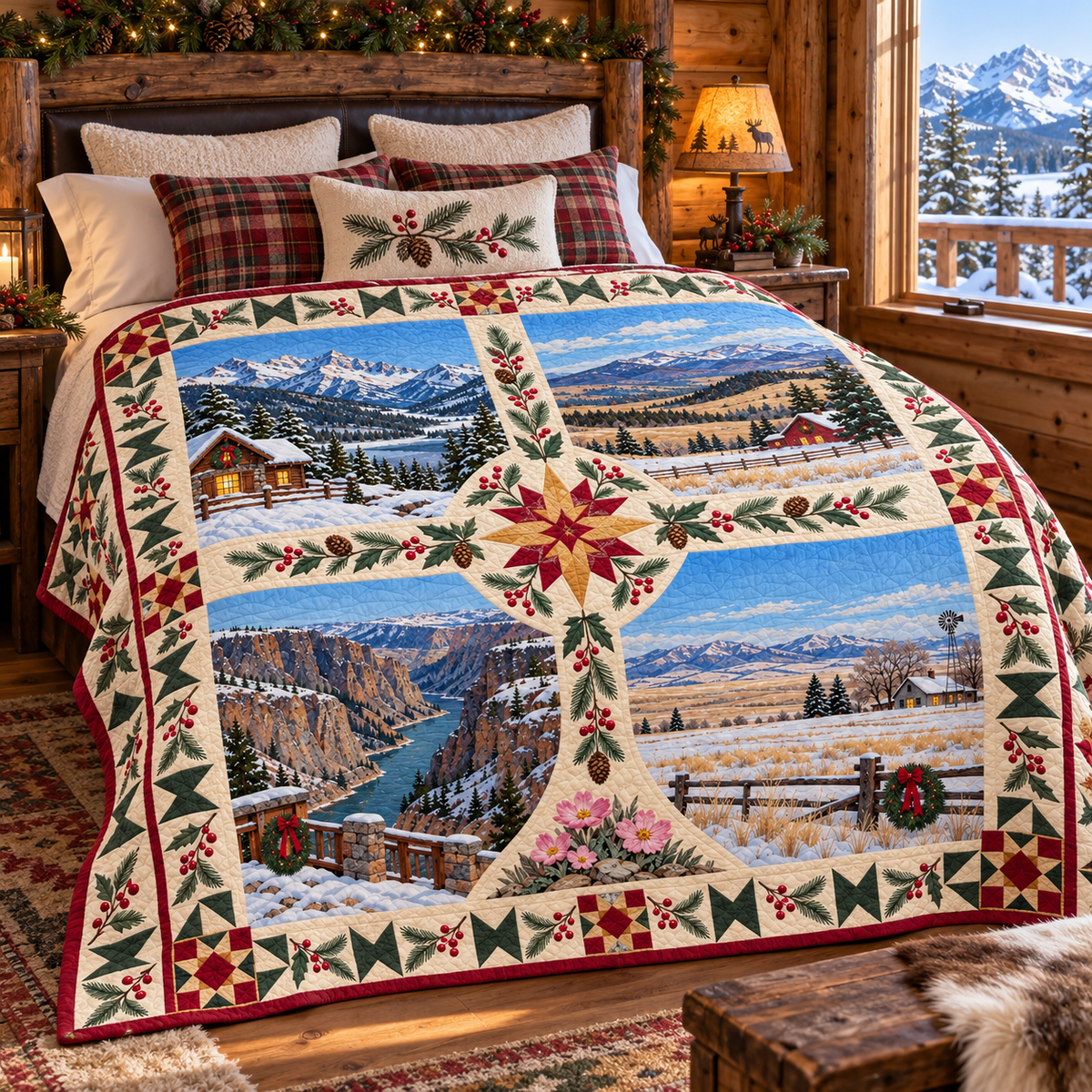 Montana Christmas Windows TD271026130 Quilt Blanket — bed mockup