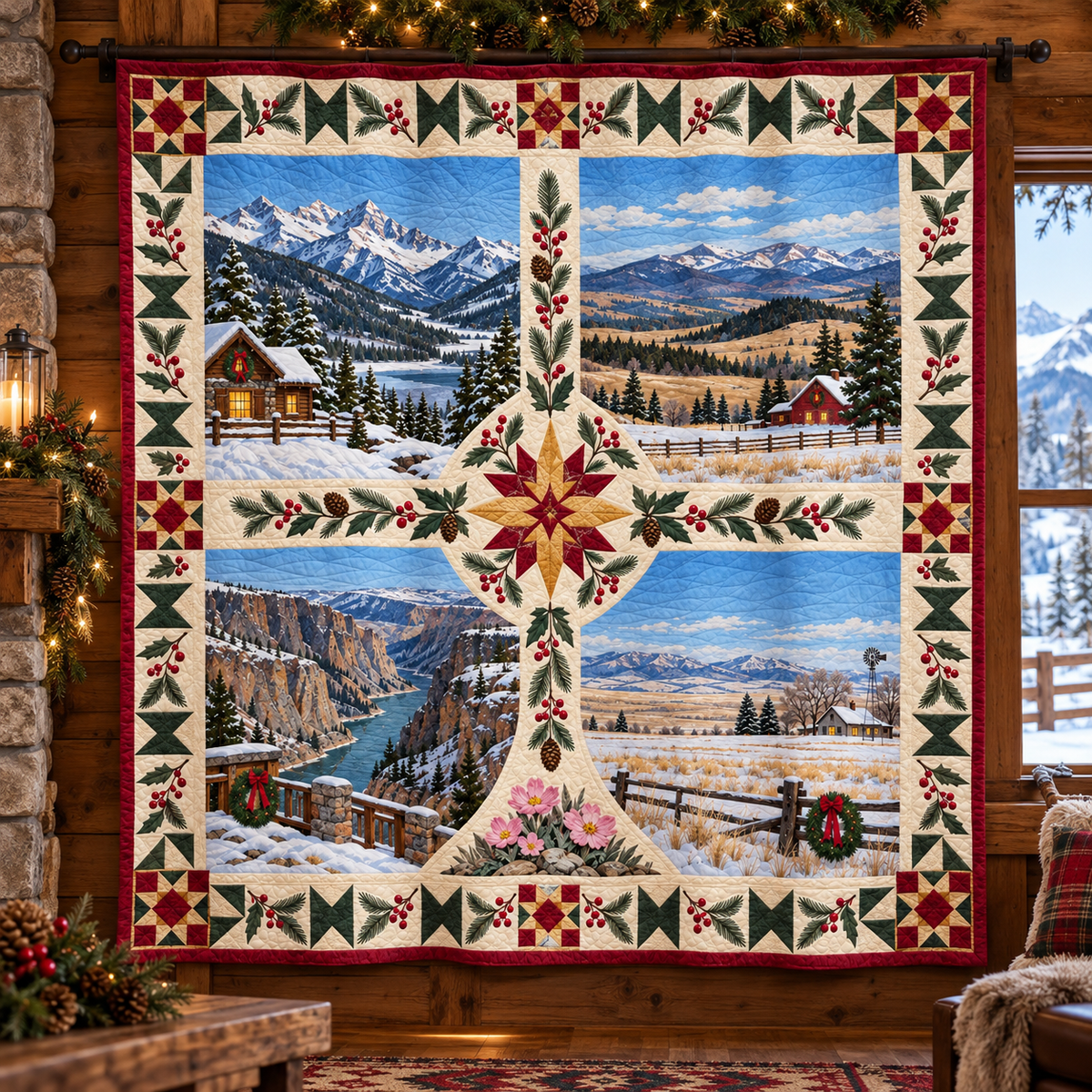 Montana Christmas Windows TD271026130 Quilt Blanket — hanging mockup