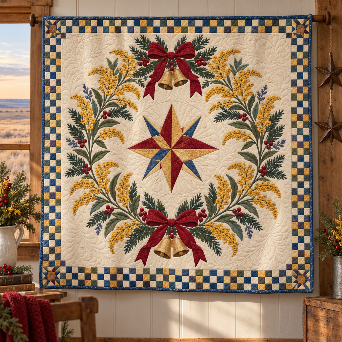 Goldenrod Christmas Wreath TD271026132 Quilt Blanket — hanging mockup