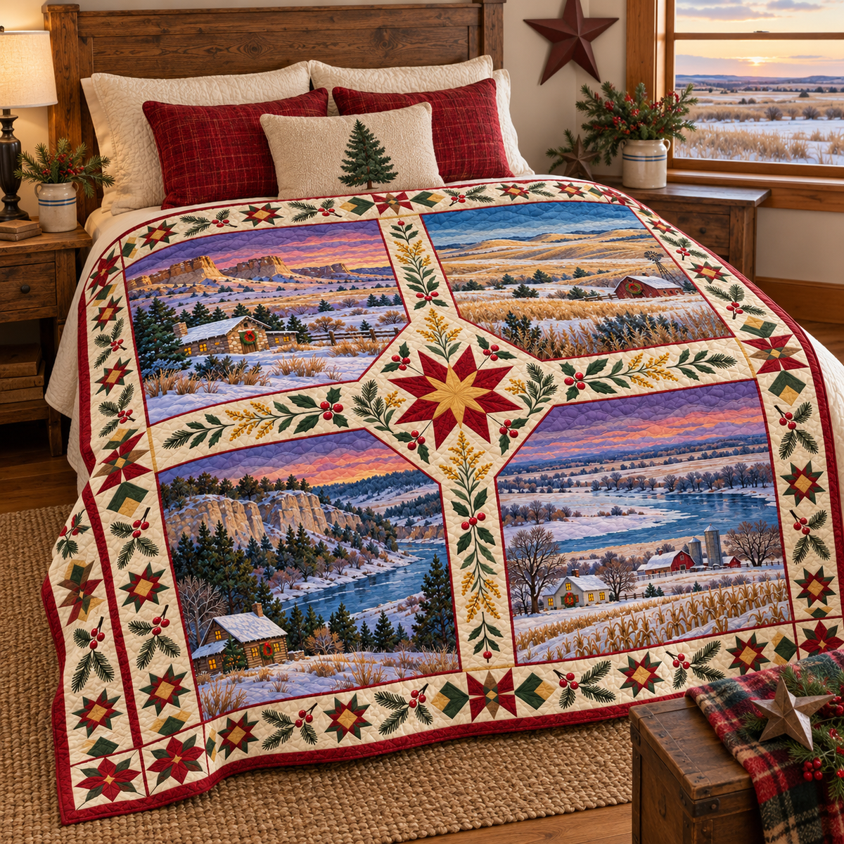 Nebraska Christmas Windows TD271026135 Quilt Blanket — bed mockup