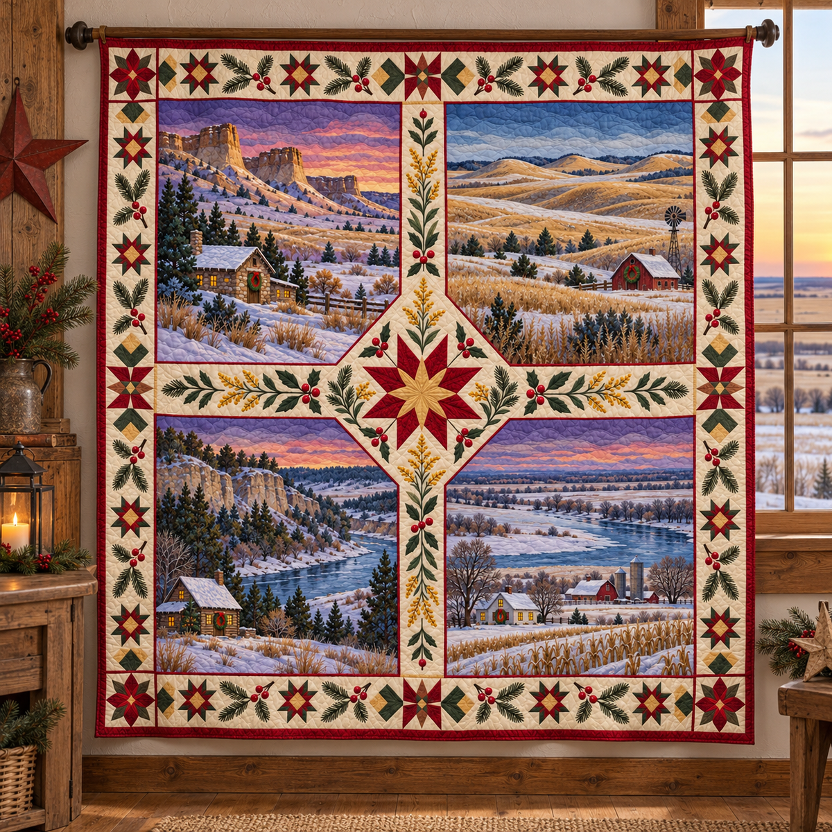 Nebraska Christmas Windows TD271026135 Quilt Blanket — hanging mockup