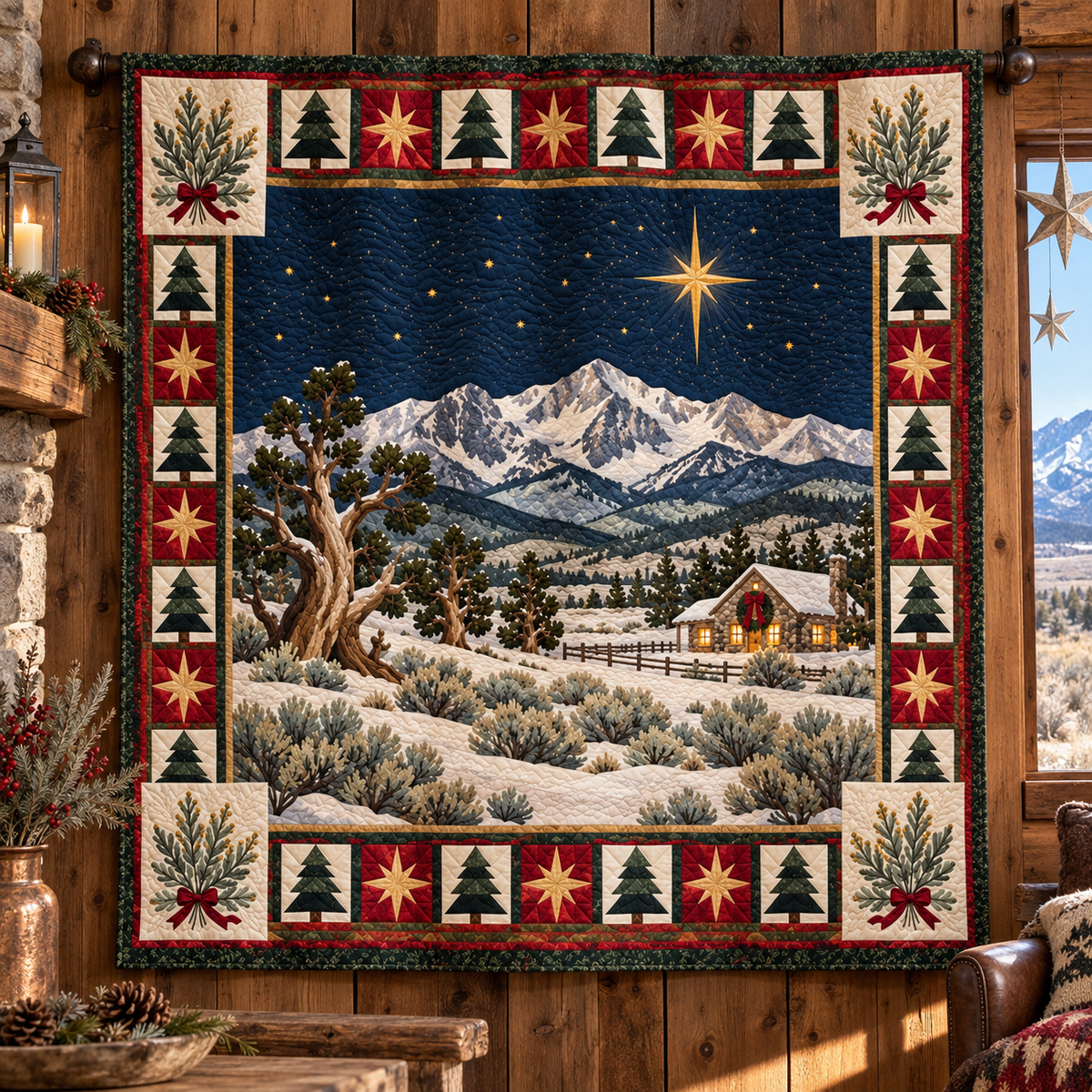 Sagebrush Starlight Christmas Eve TD271026136 Quilt Blanket — hanging mockup