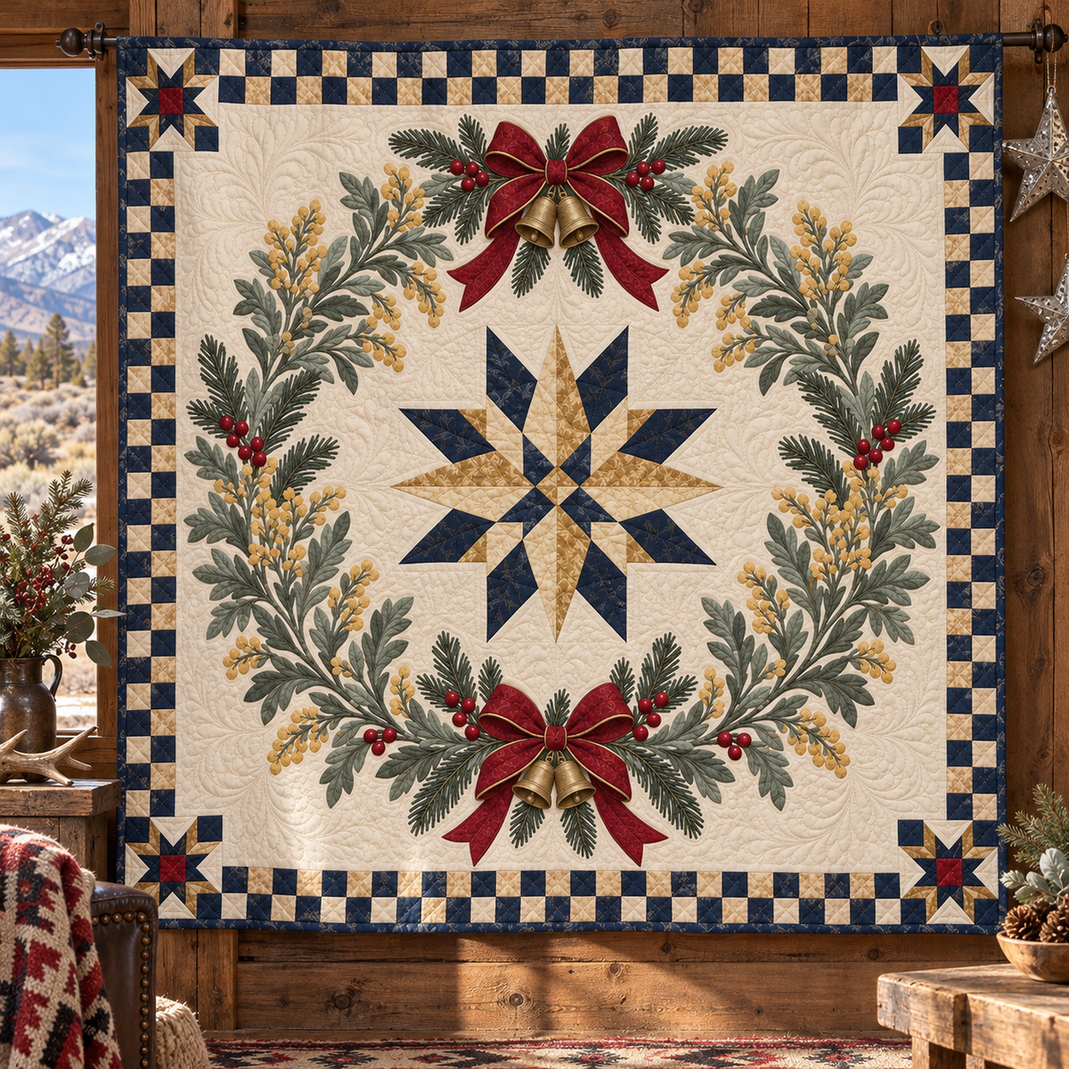 Sagebrush Christmas Wreath TD271026137 Quilt Blanket — hanging mockup