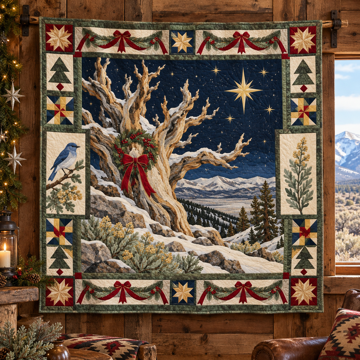 Bristlecone Nightwork Christmas Homecoming TD271026139 Quilt Blanket — hanging mockup