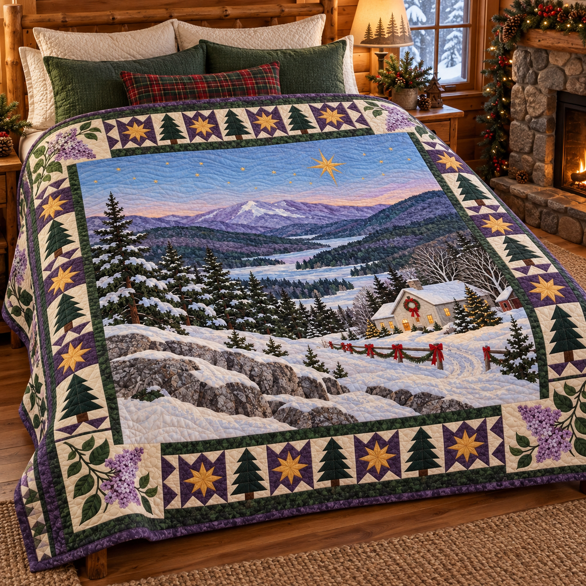 Lilac Mountain Quiet Christmas Eve TD271026141 Quilt Blanket — bed mockup