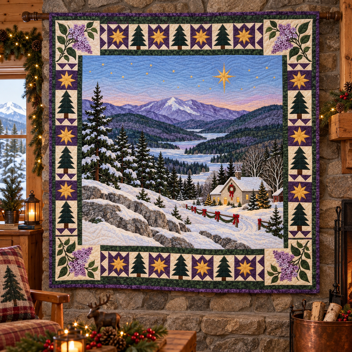 Lilac Mountain Quiet Christmas Eve TD271026141 Quilt Blanket — hanging mockup