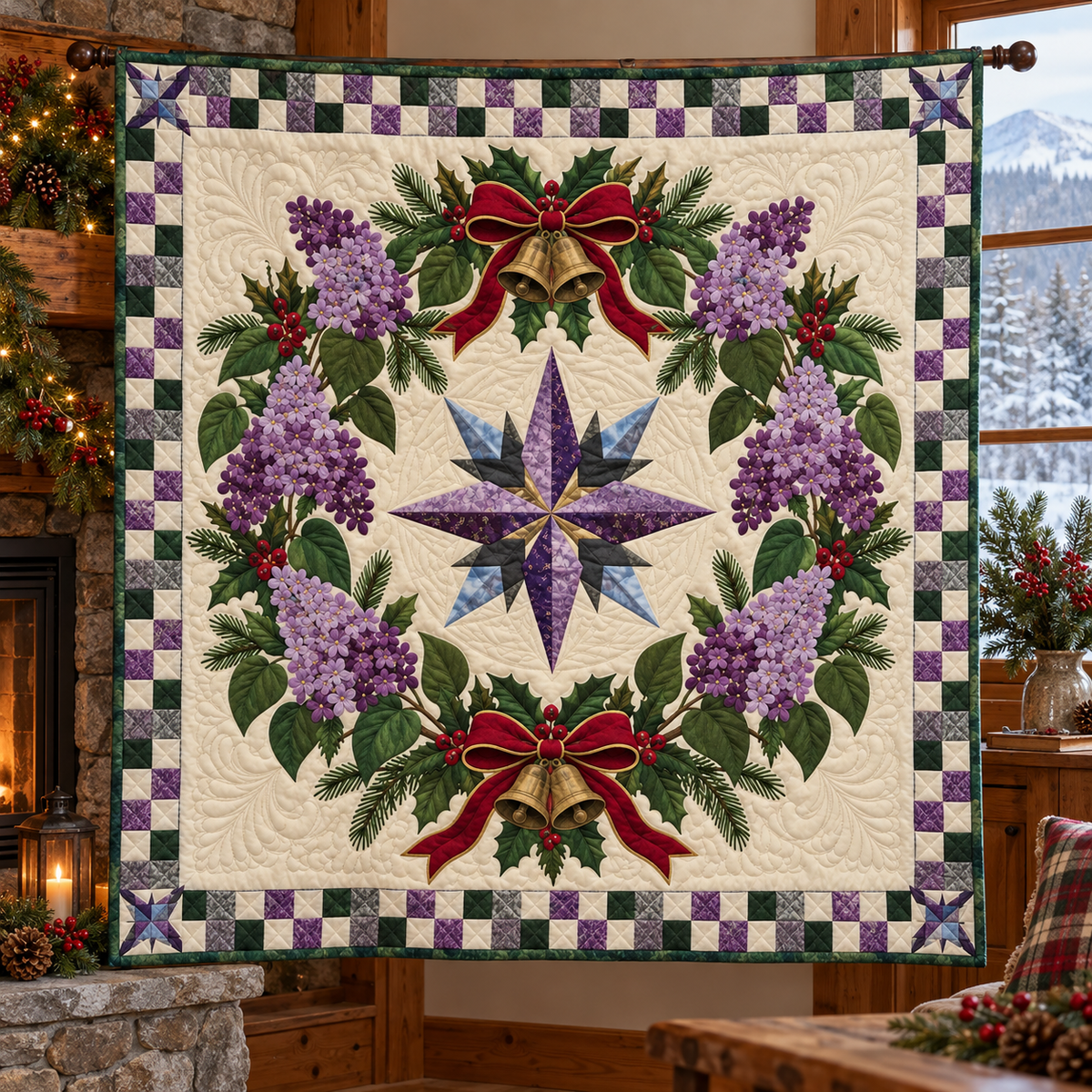 Purple lilac Christmas Wreath TD271026142 Quilt Blanket — hanging mockup