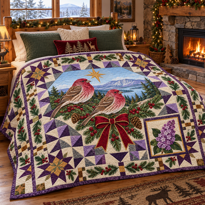 Finch in the Lilac Christmas Star TD271026143 Quilt Blanket — bed mockup