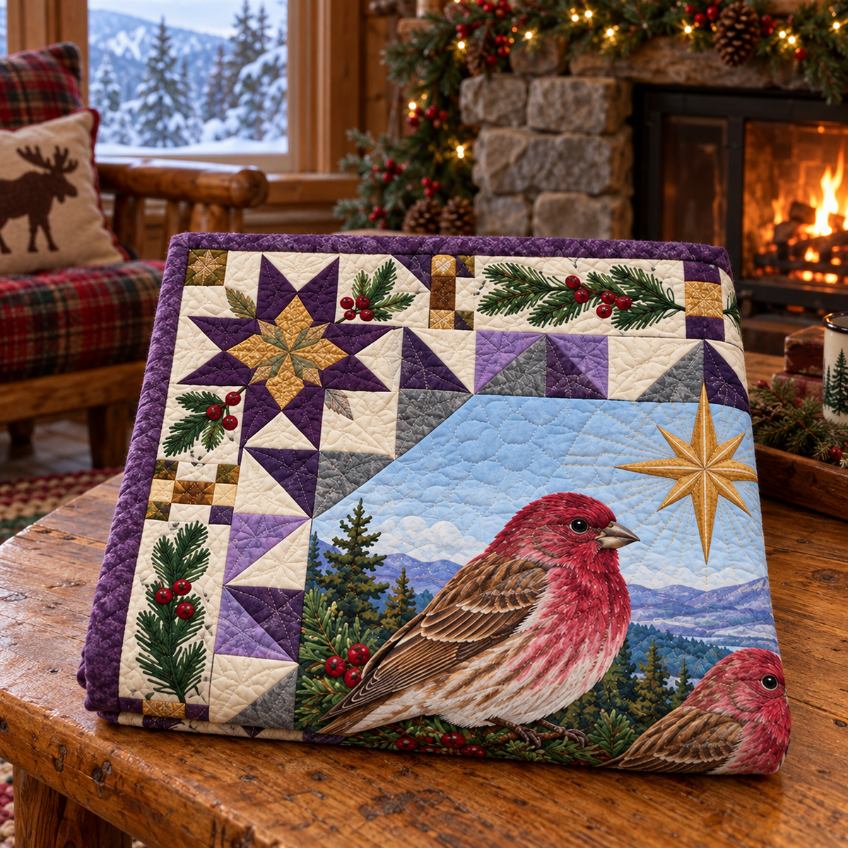 Finch in the Lilac Christmas Star TD271026143 Quilt Blanket — folded mockup