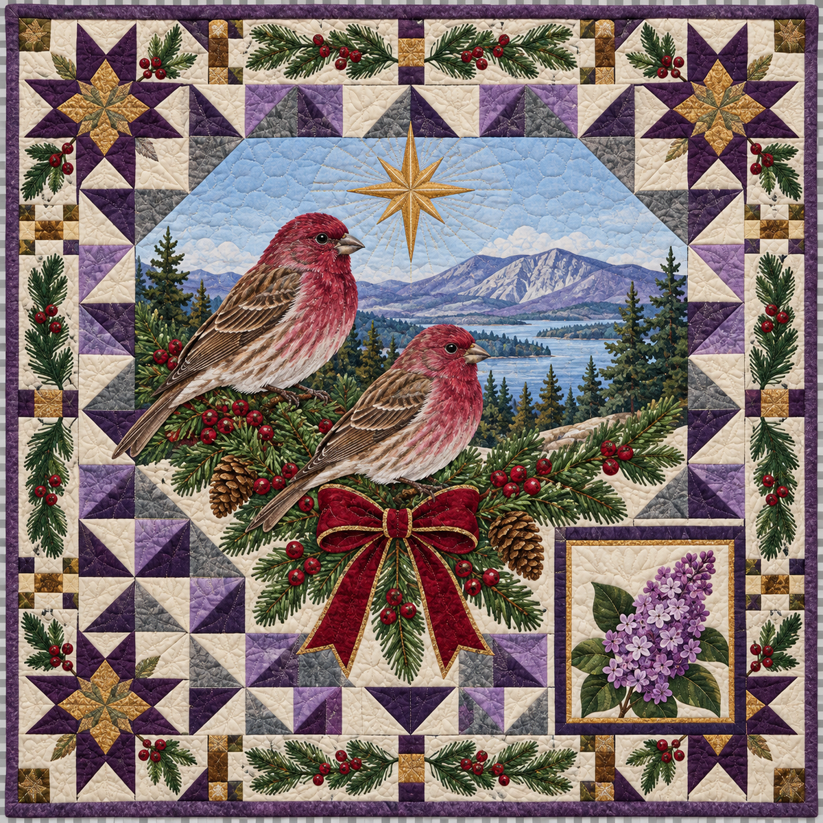 Finch in the Lilac Christmas Star TD271026143 Quilt Blanket — original design