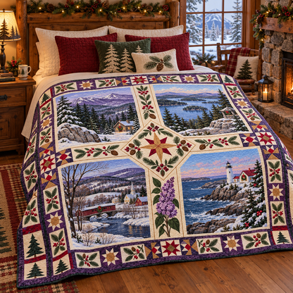 New Hampshire Christmas Windows TD271026145 Quilt Blanket — bed mockup