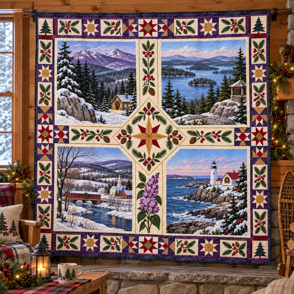 New Hampshire Christmas Windows TD271026145 Quilt Blanket — hanging mockup