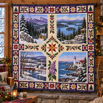 New Hampshire Christmas Windows TD271026145 Quilt Blanket — hanging mockup
